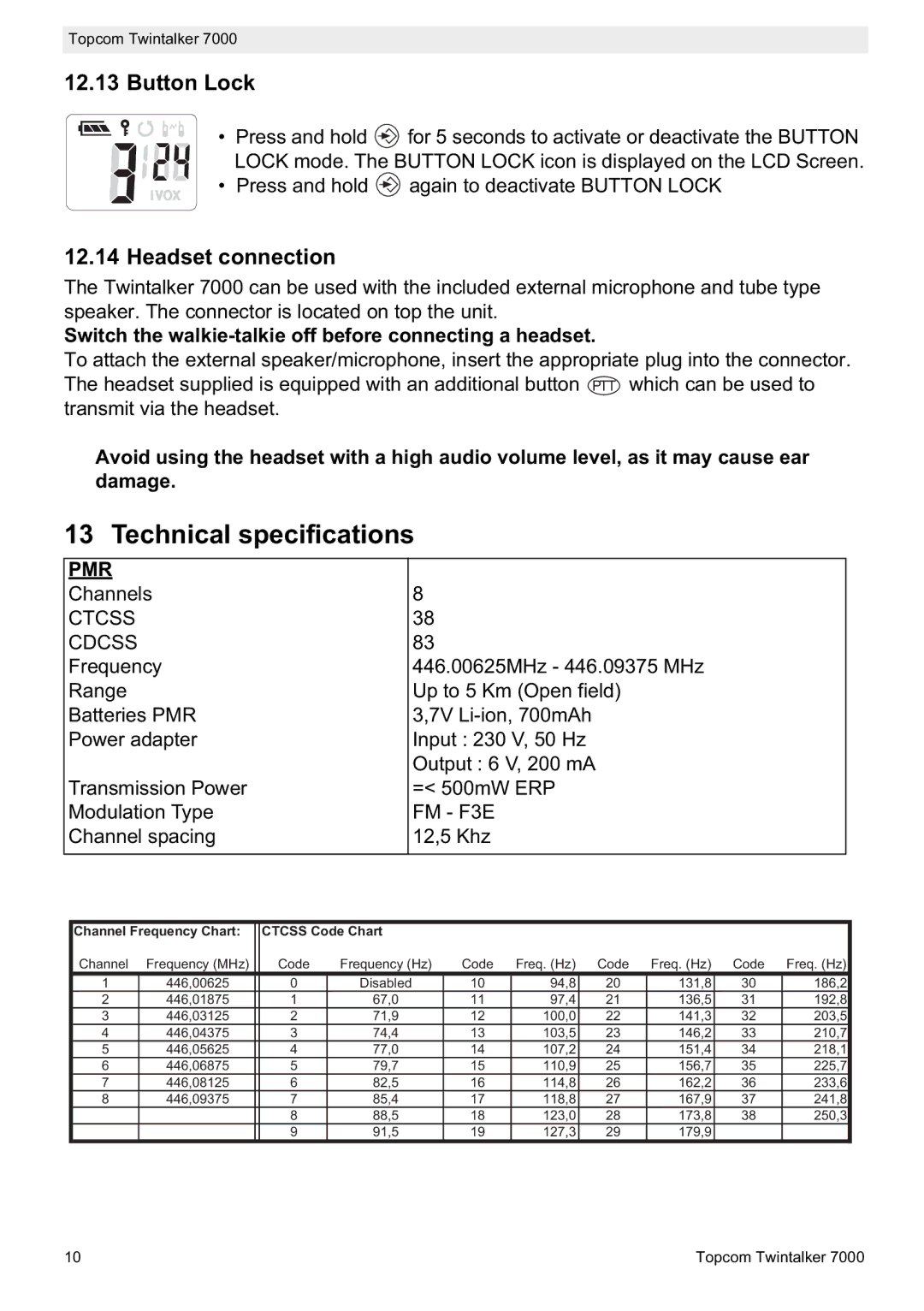 Topcom 7000 manual do utilizador Technical specifications, Button Lock, Headset connection 