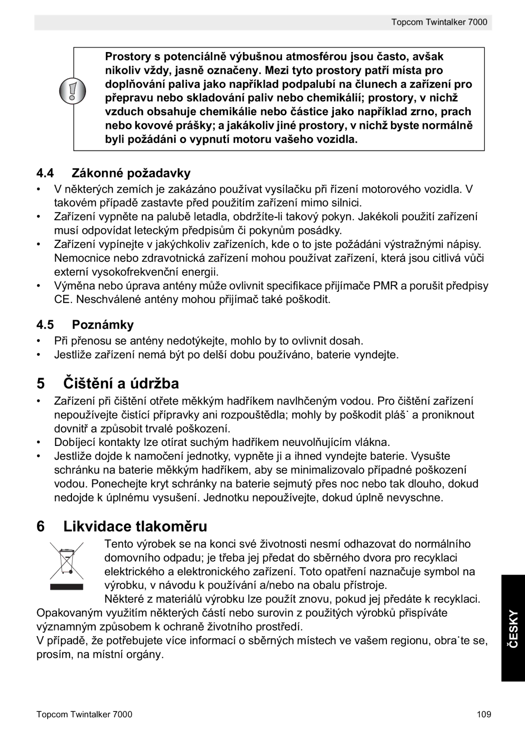 Topcom 7000 manual do utilizador Išt, Likvidace tlakomu, Zákonné požadavky, Poznámky 