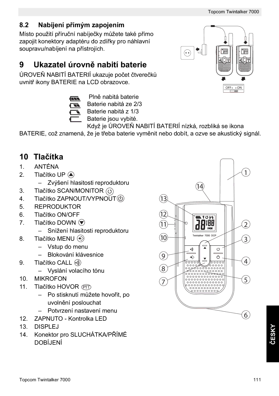 Topcom 7000 manual do utilizador Ukazatel úrovn, Tla, Nabíjení pjením 