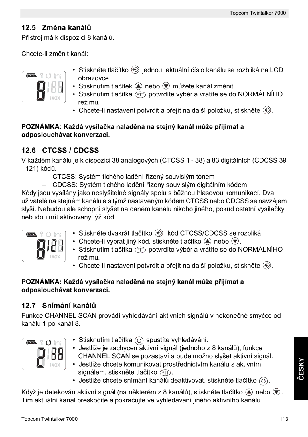 Topcom 7000 manual do utilizador 12.5 Zm, 12.7 Snímání kanál 