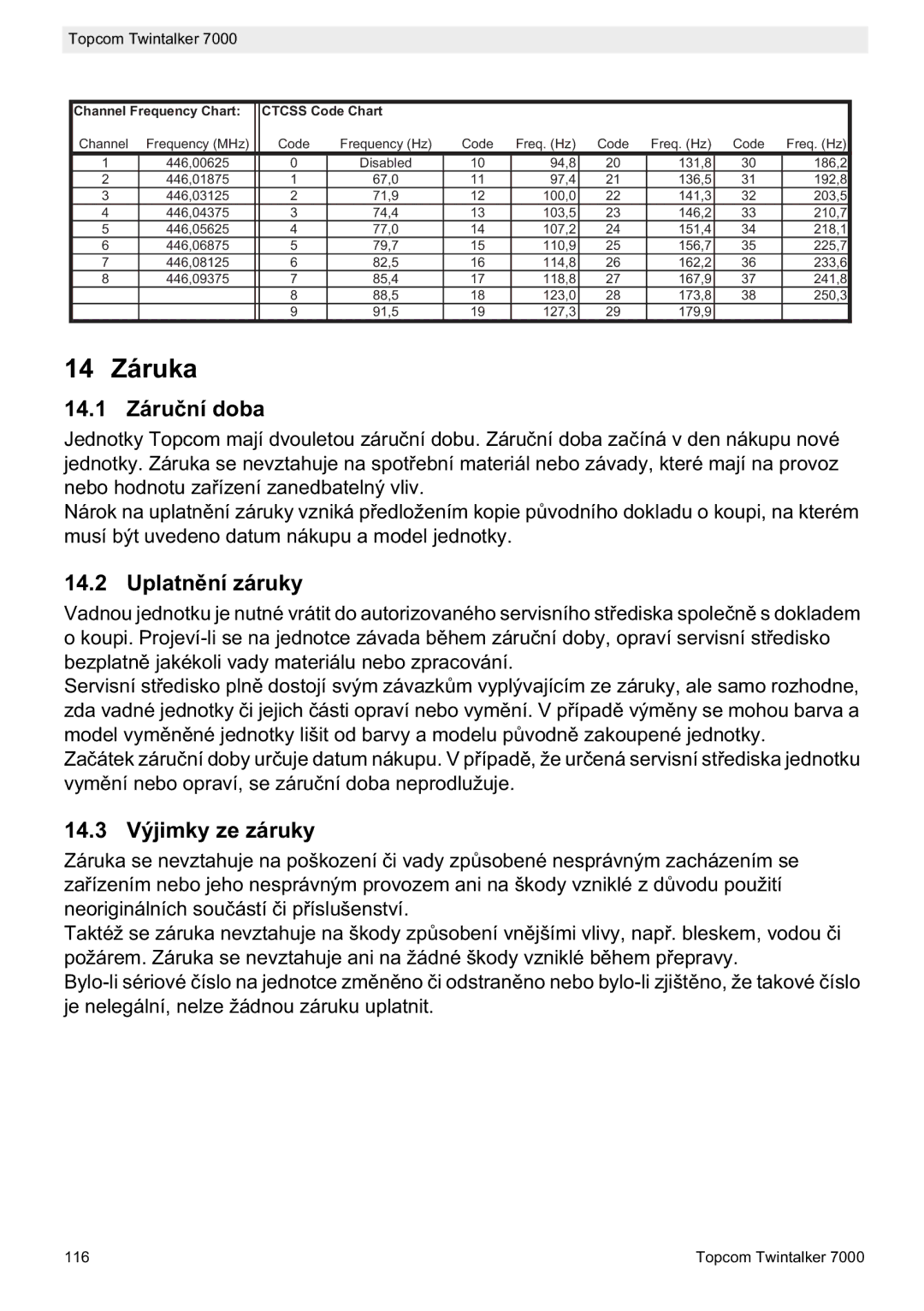 Topcom 7000 manual do utilizador 14 Záruka, 14.1 Záruní doba, Uplatn, 14.3 Výjimky ze záruky 