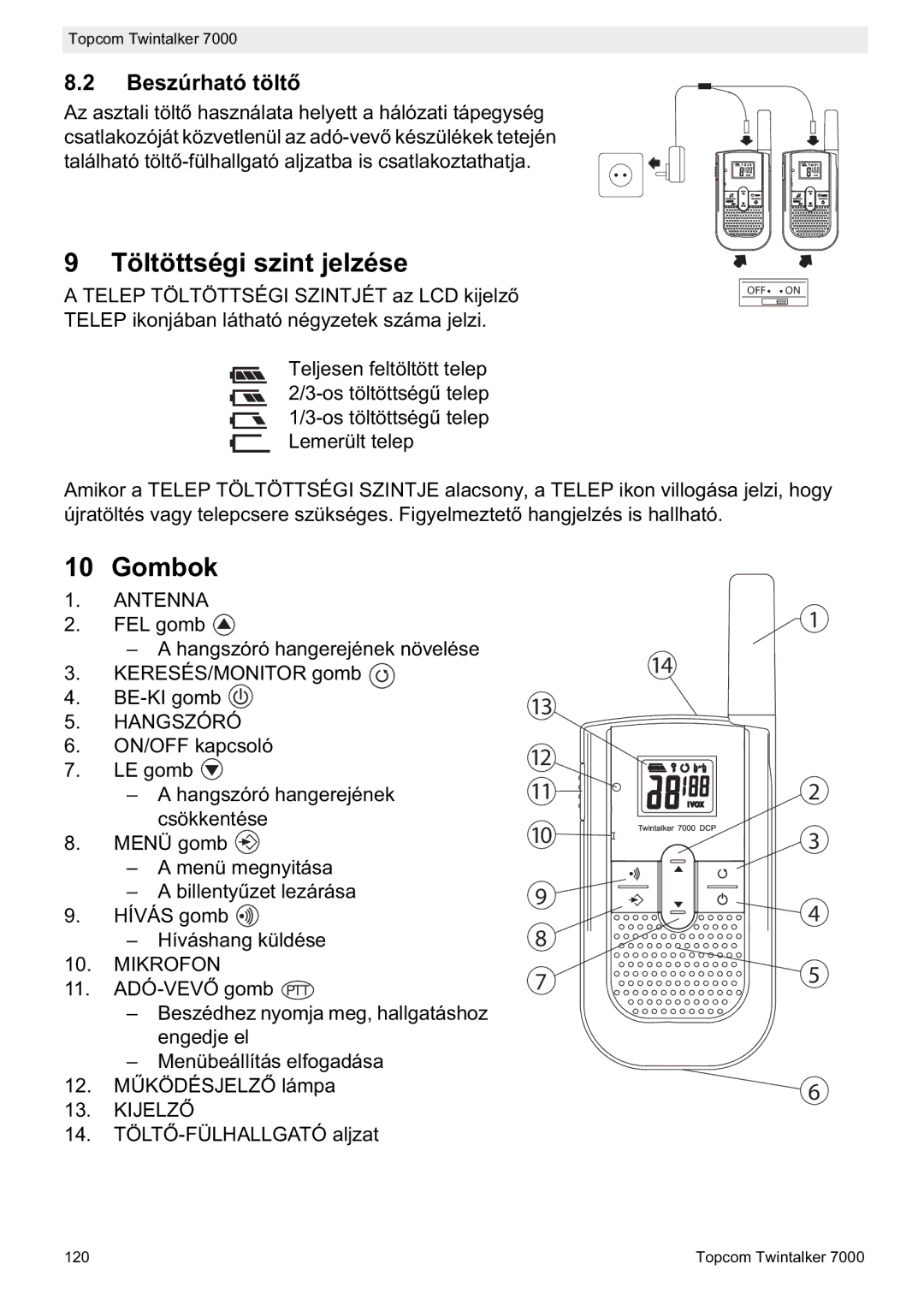 Topcom 7000 manual do utilizador Töltöttségi szint jelzése, Gombok, Beszúrható tölt 