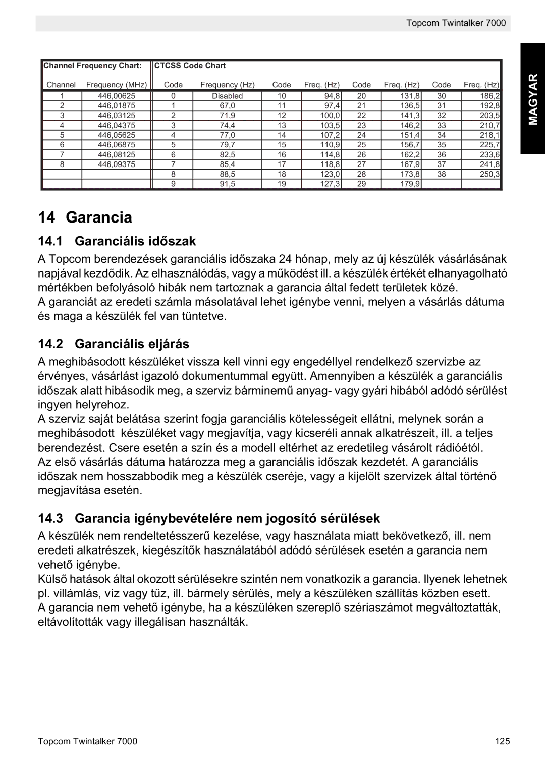 Topcom 7000 manual do utilizador Garanciális id, Garanciális eljárás, Garancia igénybevételére nem jogosító sérülések 