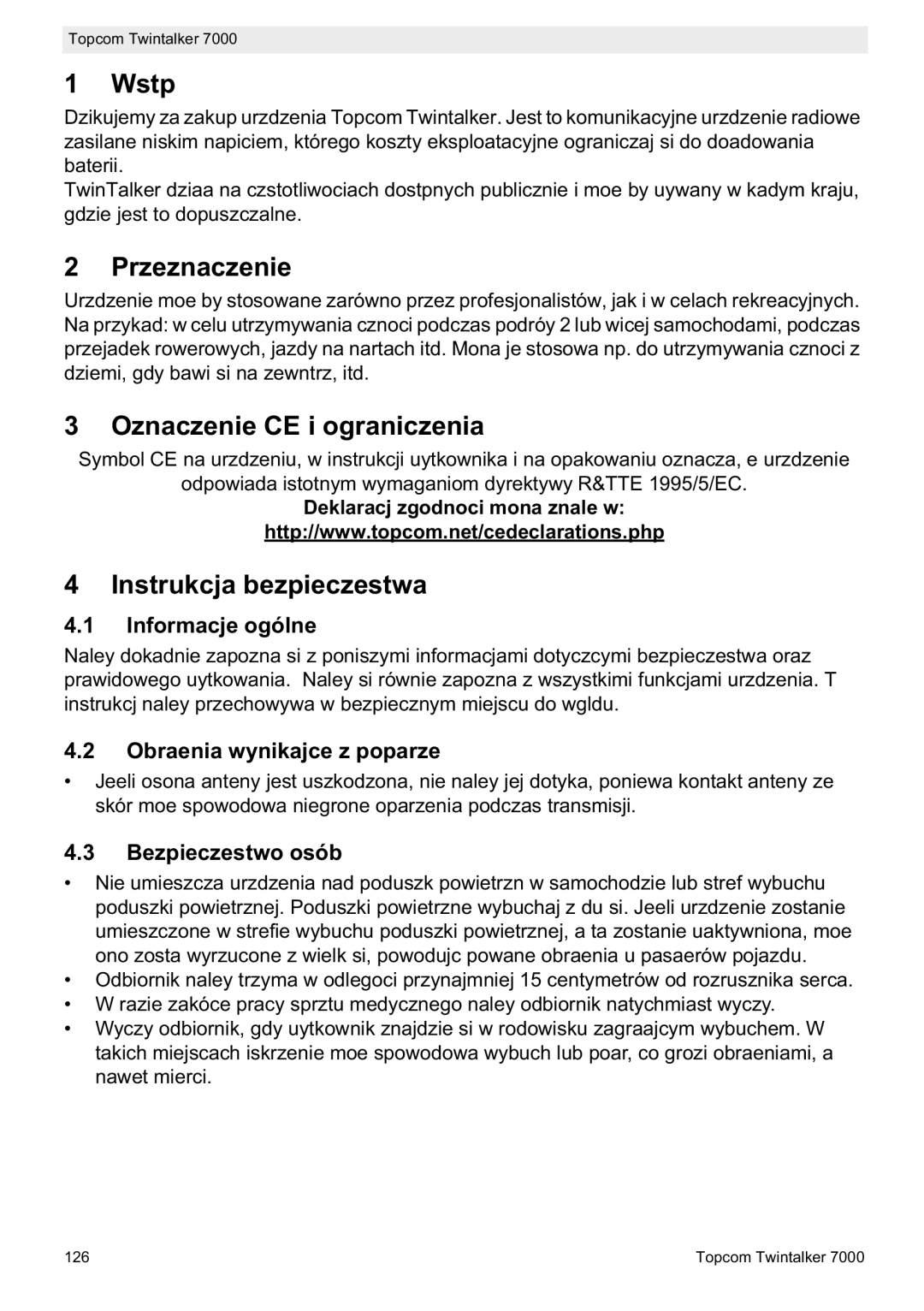 Topcom 7000 manual do utilizador Wstp, Przeznaczenie, Oznaczenie CE i ograniczenia, Instrukcja bezpieczestwa 