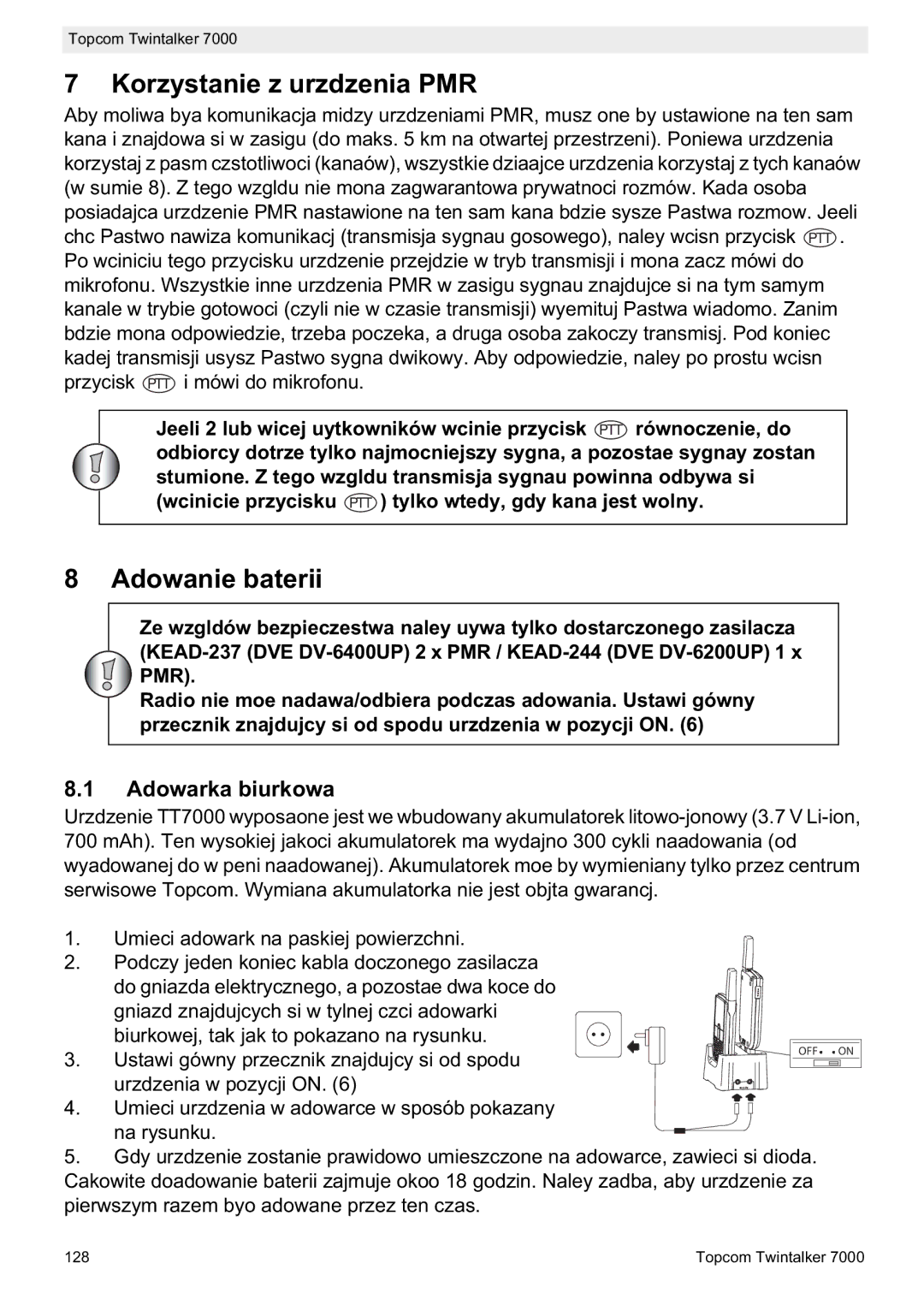 Topcom 7000 manual do utilizador Korzystanie z urzdzenia PMR, Adowanie baterii, Adowarka biurkowa 