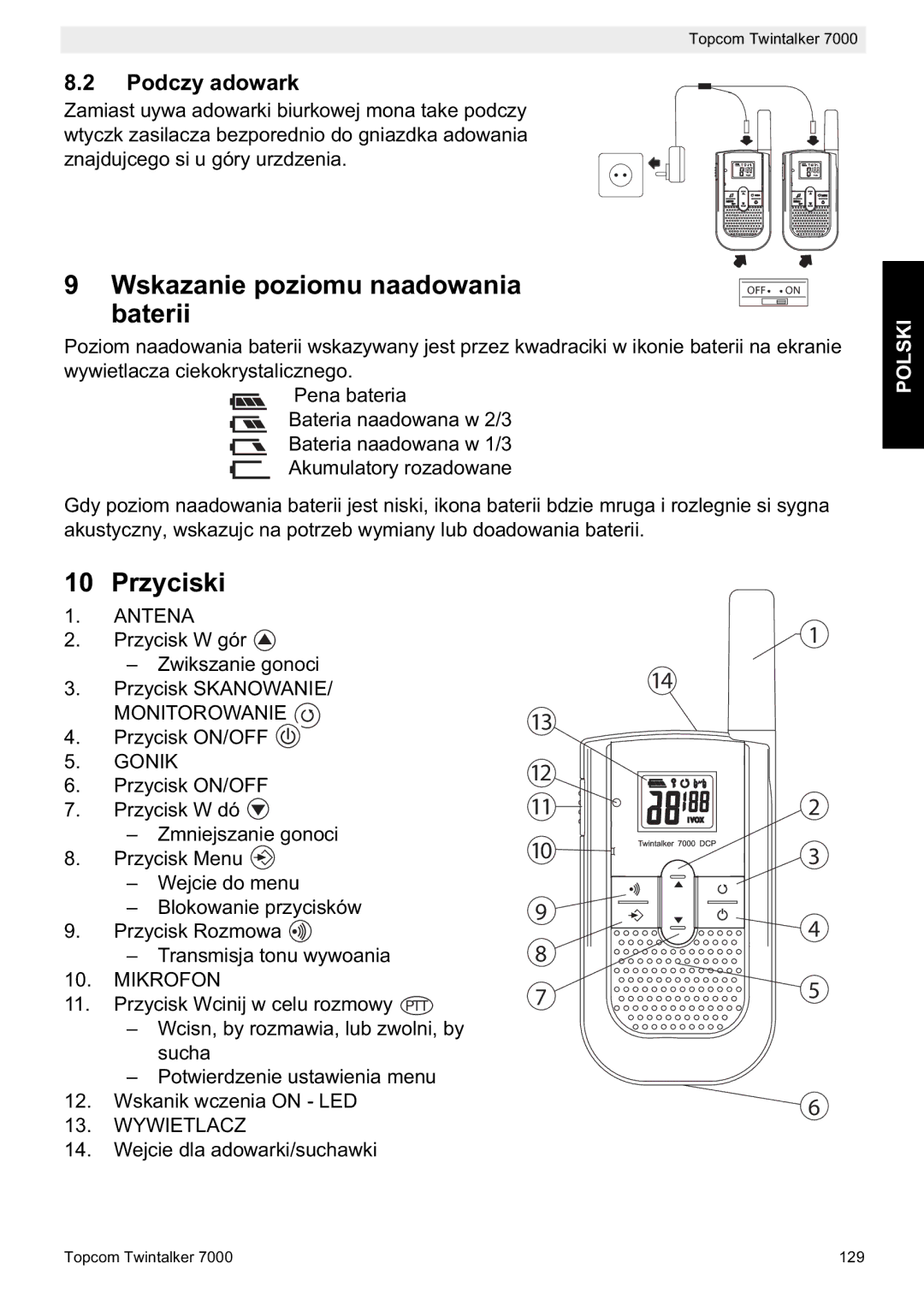 Topcom 7000 manual do utilizador Wskazanie poziomu naadowania, Baterii, Przyciski, Podczy adowark 