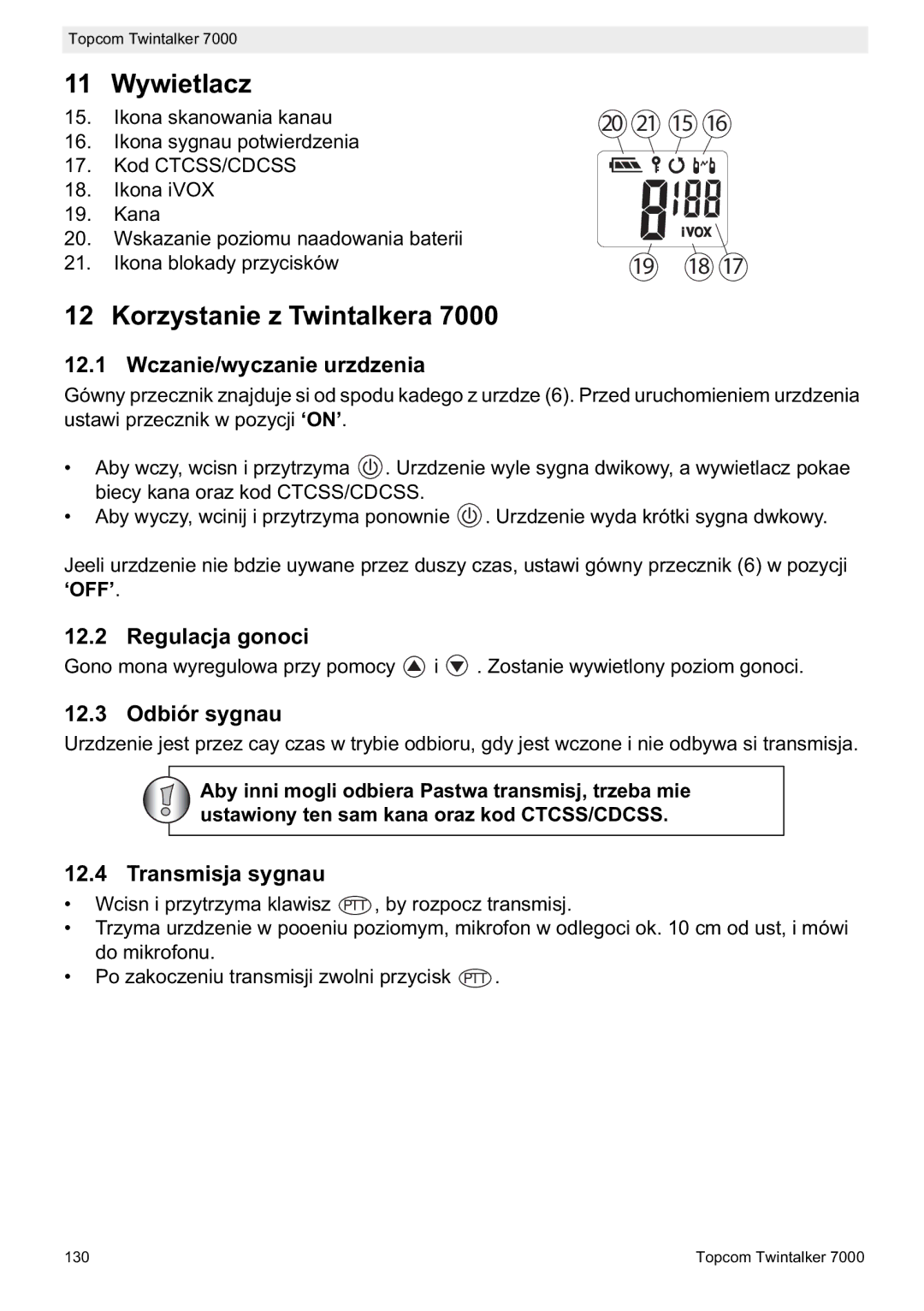 Topcom 7000 manual do utilizador Wywietlacz, Korzystanie z Twintalkera 