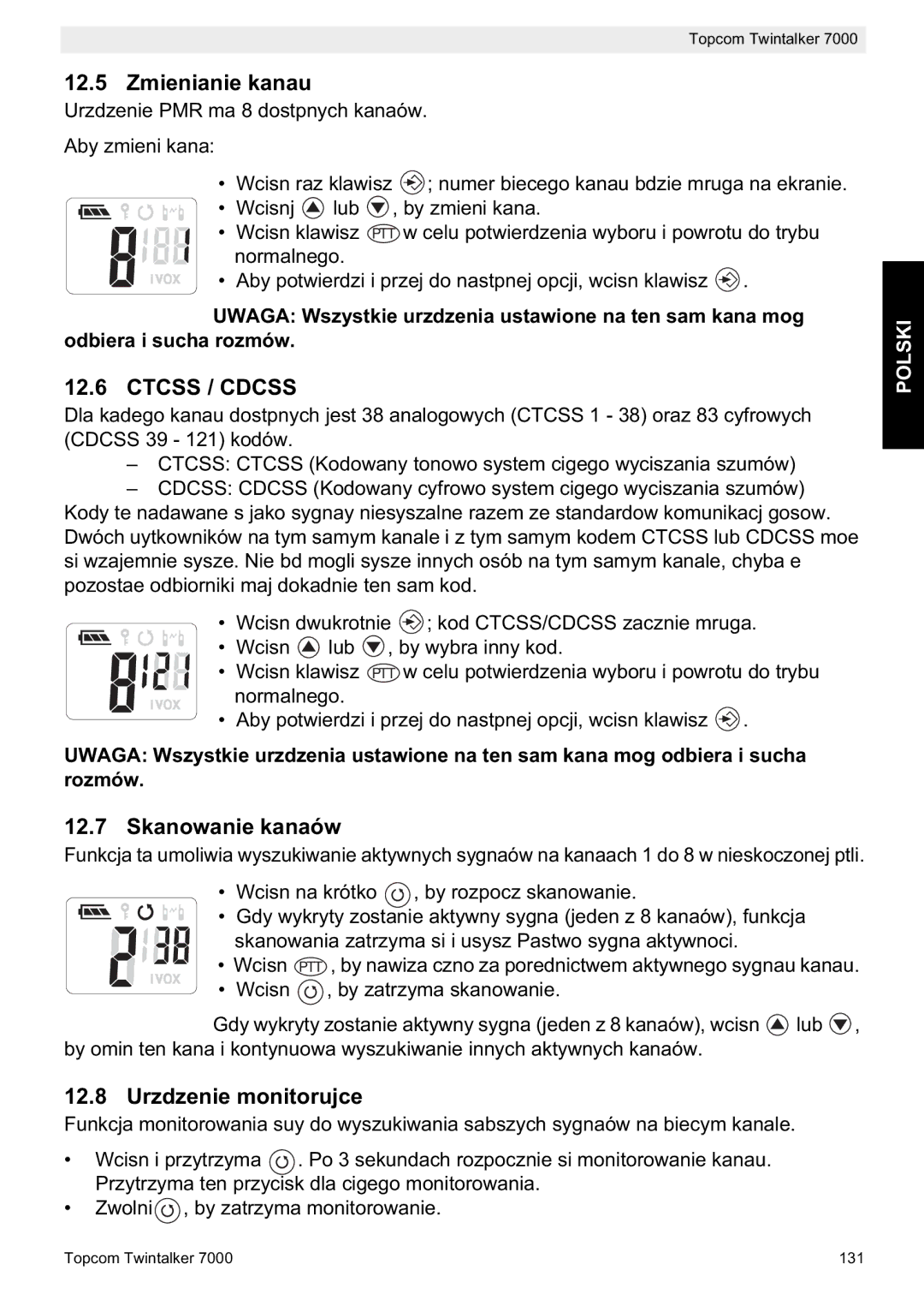 Topcom 7000 manual do utilizador Zmienianie kanau, Skanowanie kanaów, Urzdzenie monitorujce 