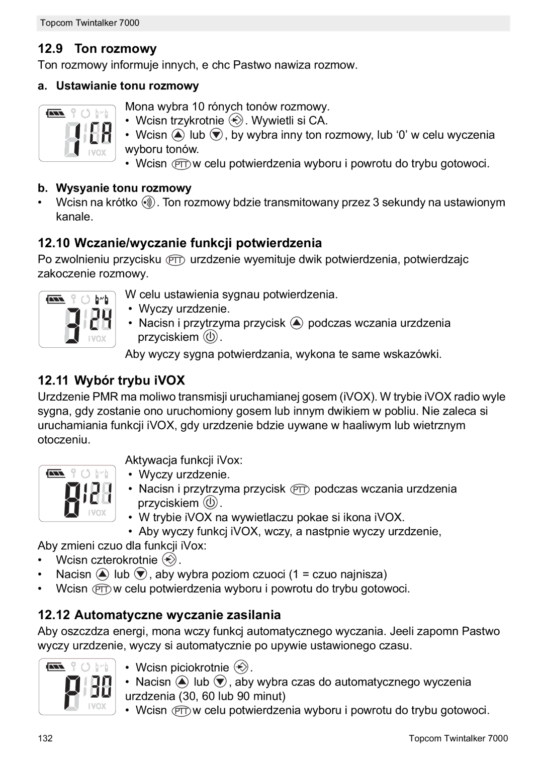 Topcom 7000 Ton rozmowy, Wczanie/wyczanie funkcji potwierdzenia, 12.11 Wybór trybu iVOX, Automatyczne wyczanie zasilania 