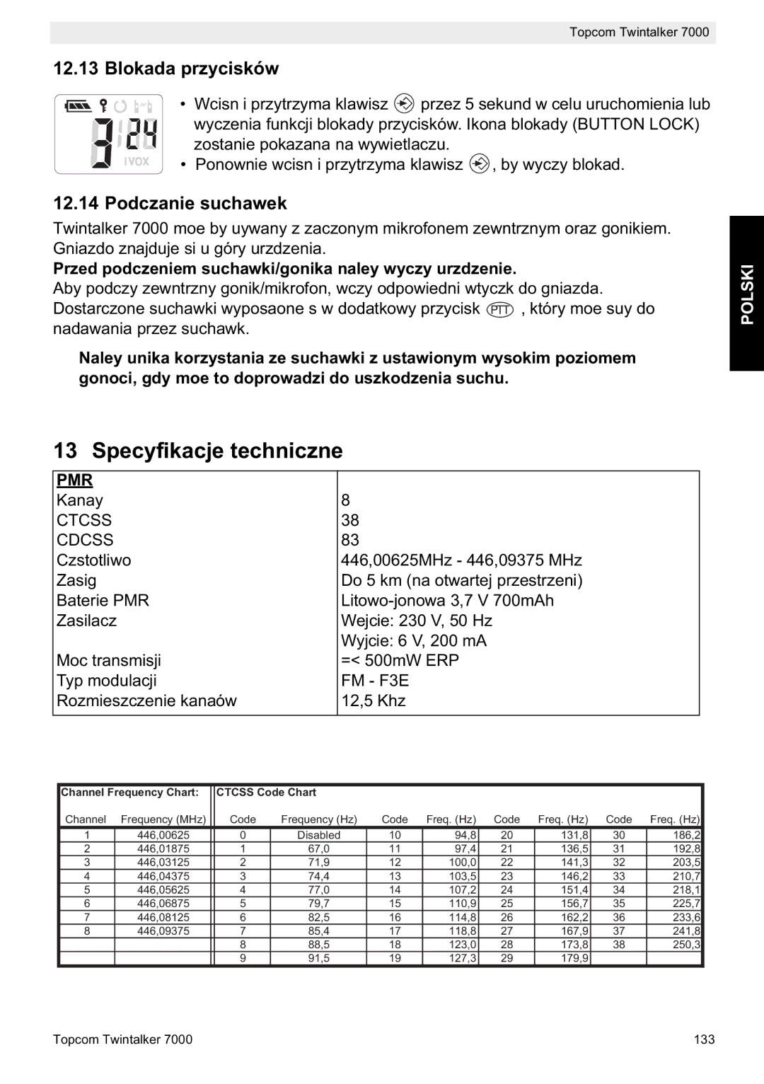 Topcom 7000 manual do utilizador Specyfikacje techniczne, Blokada przycisków, Podczanie suchawek 