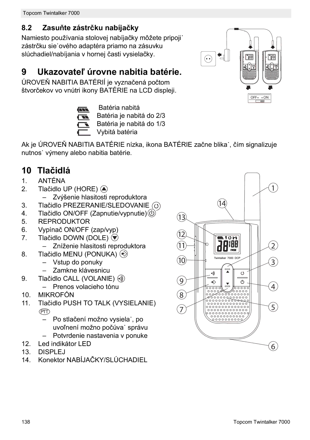 Topcom 7000 manual do utilizador Ukazovate, 10 Tla, Zasu nabíja, Mikrofón 