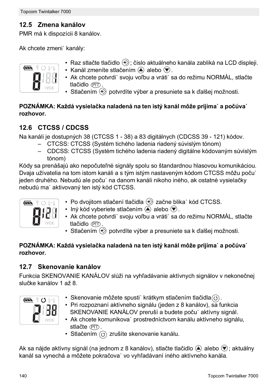 Topcom 7000 manual do utilizador Zmena kanálov, Skenovanie kanálov 