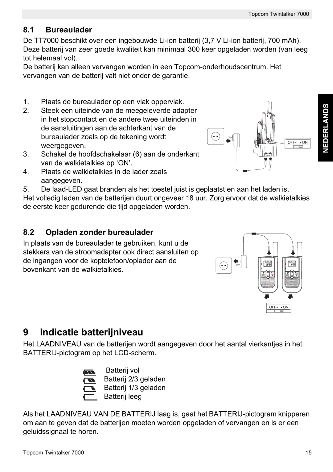 Topcom 7000 manual do utilizador Indicatie batterijniveau, Bureaulader, Opladen zonder bureaulader 