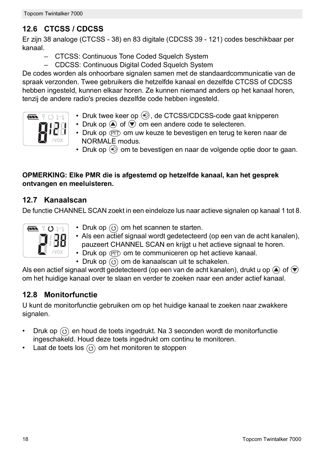 Topcom 7000 manual do utilizador Kanaalscan, Monitorfunctie 