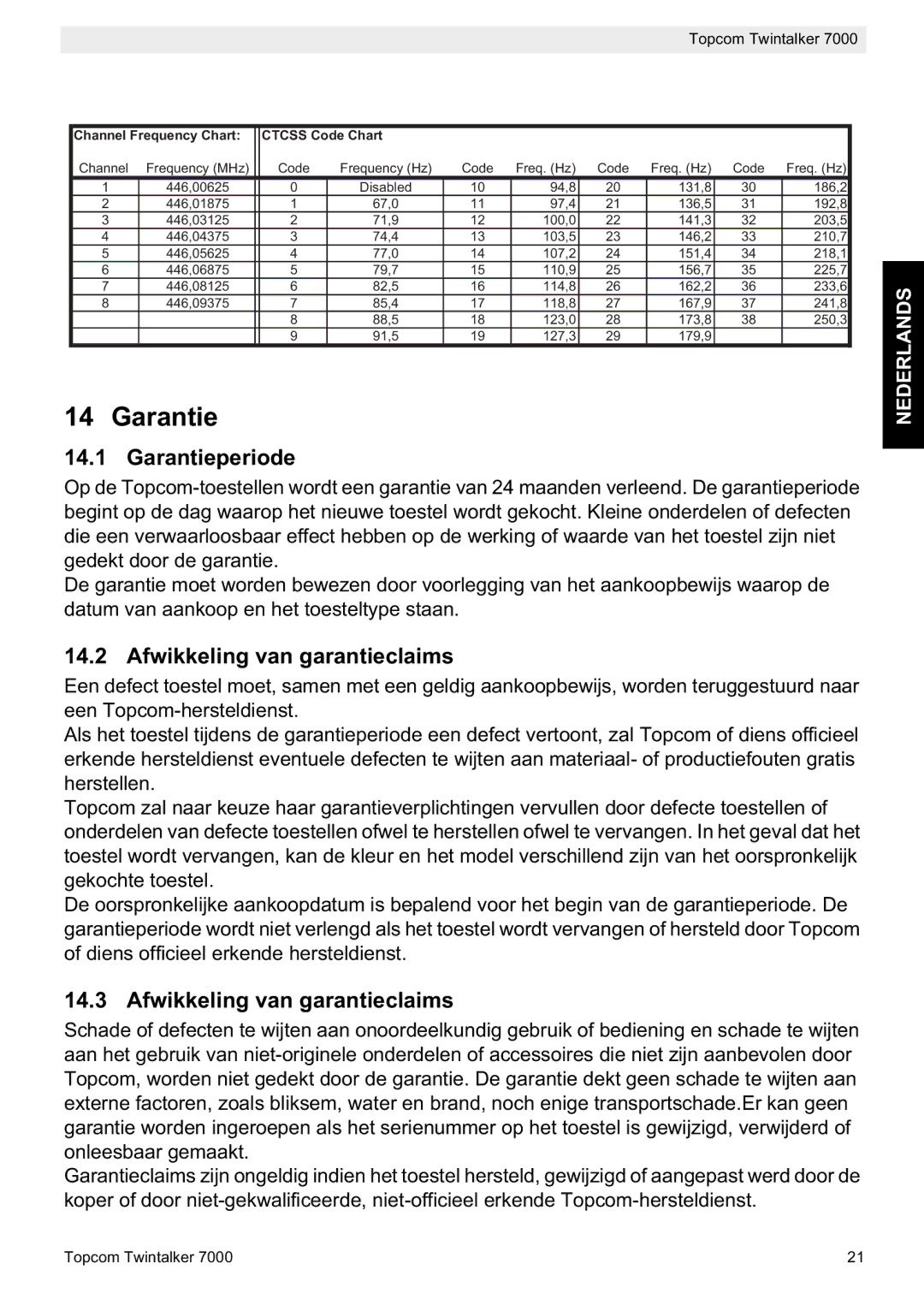 Topcom 7000 manual do utilizador Garantieperiode, Afwikkeling van garantieclaims 