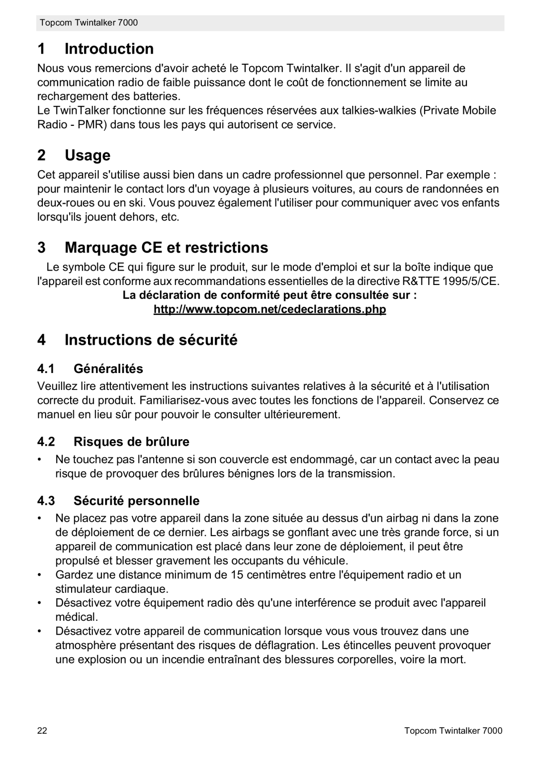 Topcom 7000 manual do utilizador Usage, Marquage CE et restrictions, Instructions de sécurité 