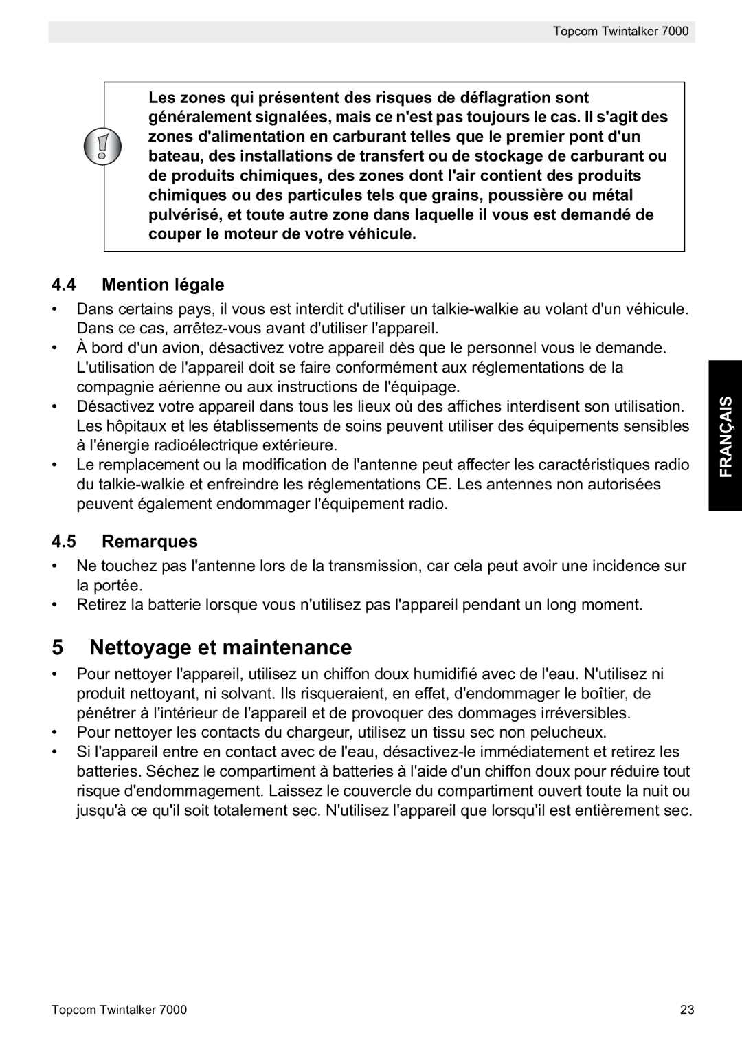 Topcom 7000 manual do utilizador Nettoyage et maintenance, Mention légale, Remarques 