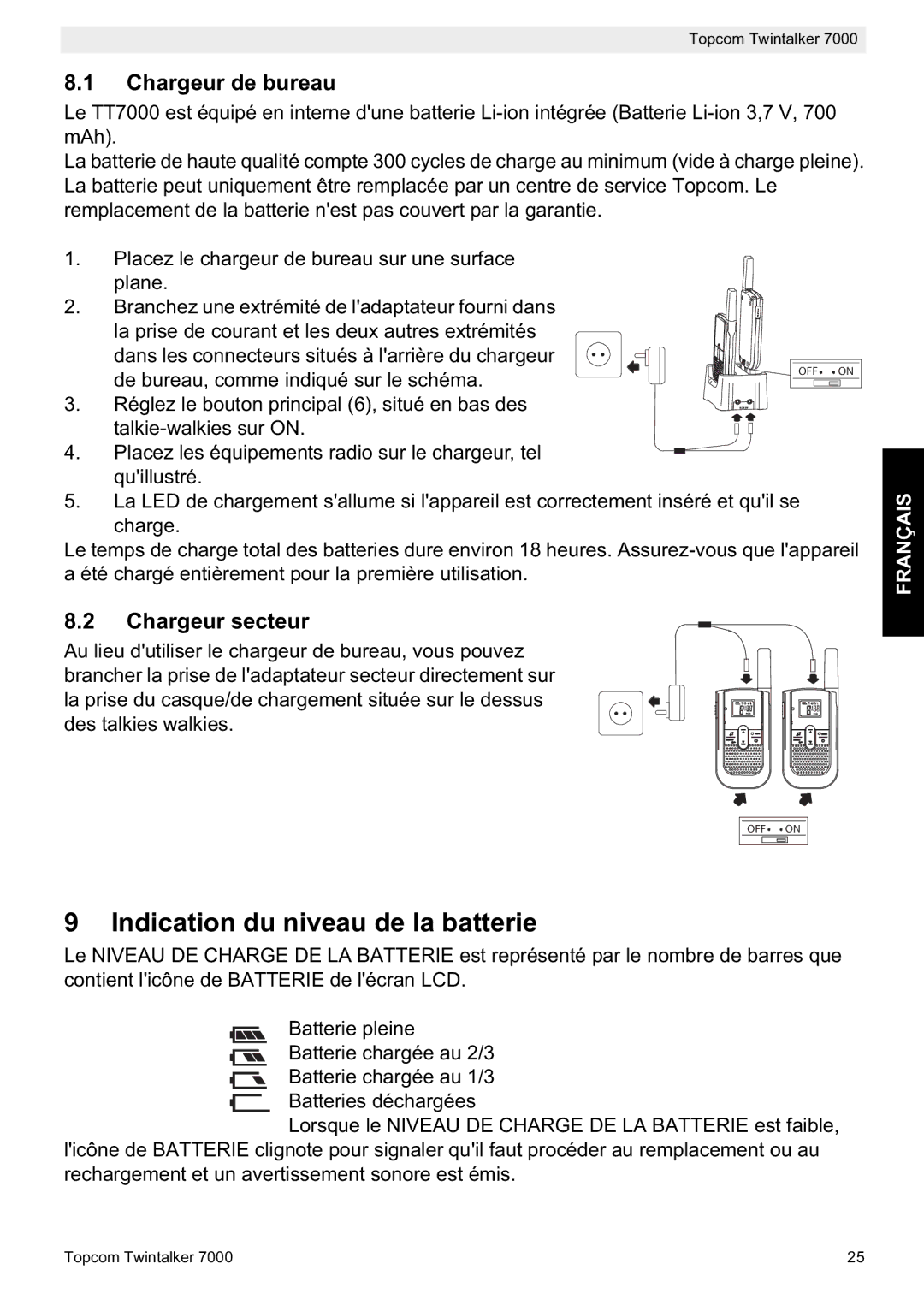 Topcom 7000 manual do utilizador Indication du niveau de la batterie, Chargeur de bureau, Chargeur secteur 