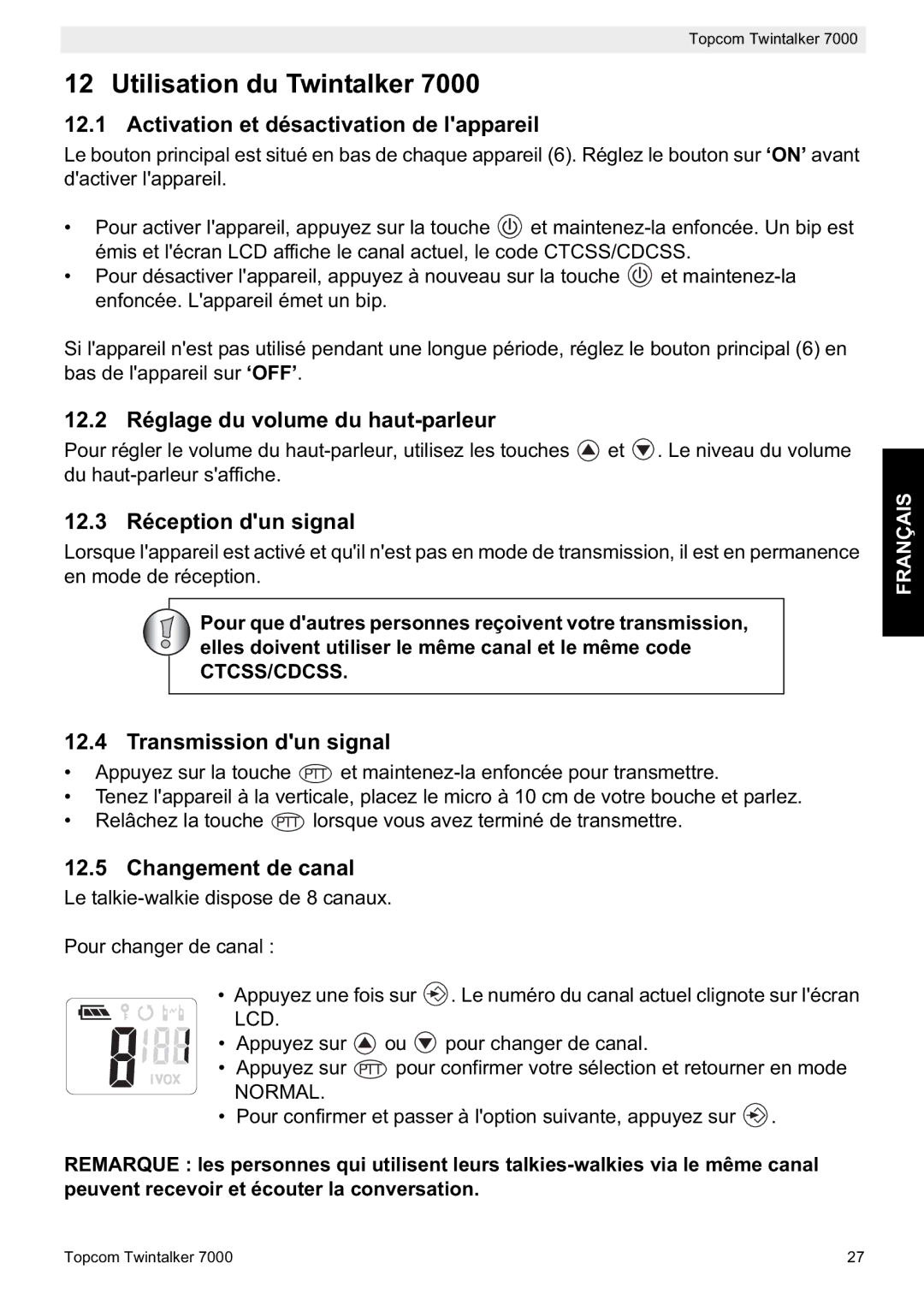 Topcom 7000 manual do utilizador Utilisation du Twintalker 