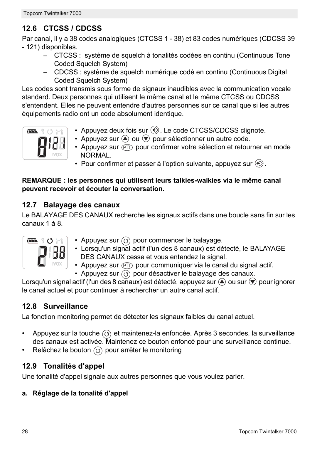 Topcom 7000 manual do utilizador Balayage des canaux, Surveillance, Tonalités dappel, Réglage de la tonalité dappel 