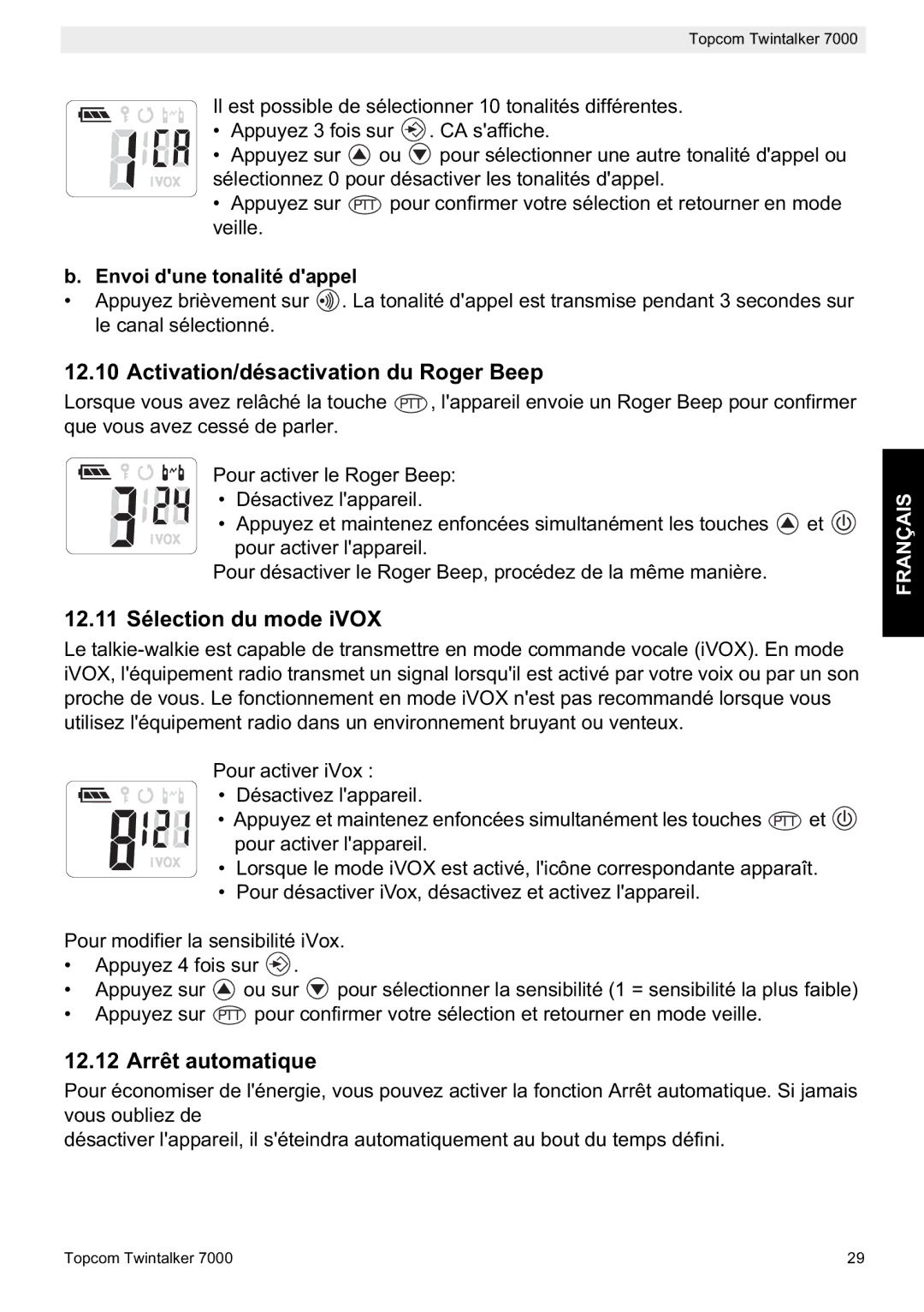 Topcom 7000 Activation/désactivation du Roger Beep, 12.11 Sélection du mode iVOX, 12.12 Arrêt automatique 