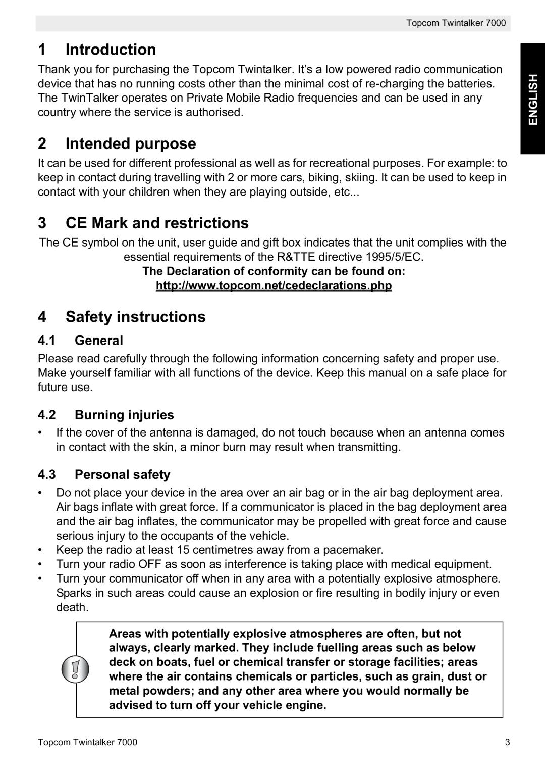 Topcom 7000 manual do utilizador Introduction, Intended purpose, CE Mark and restrictions, Safety instructions 