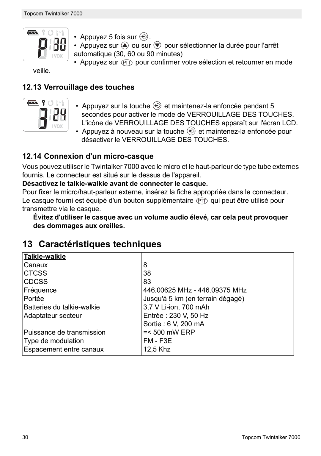 Topcom 7000 Caractéristiques techniques, Verrouillage des touches, Connexion dun micro-casque, Talkie-walkie 