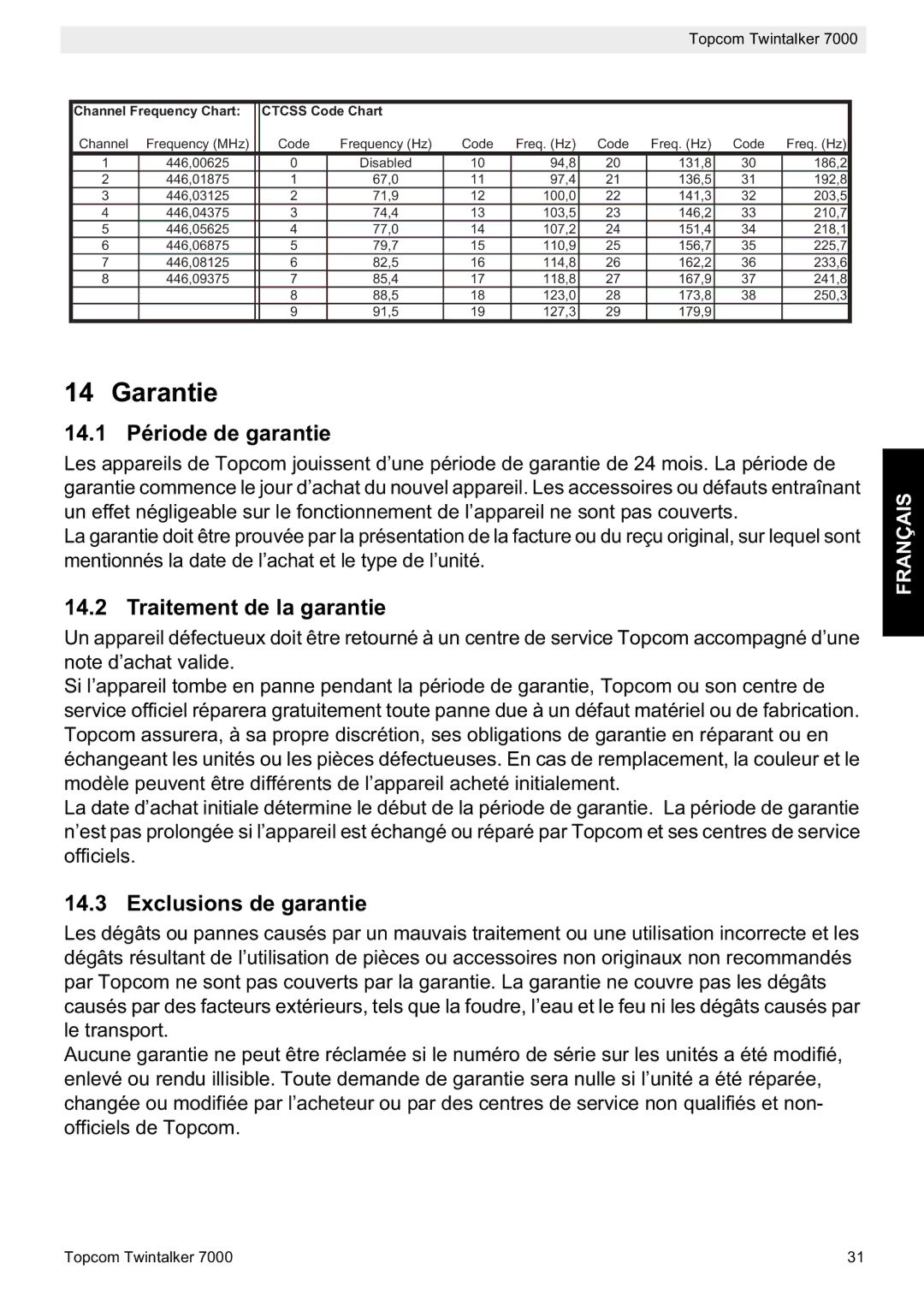 Topcom 7000 manual do utilizador 14.1 Période de garantie, Traitement de la garantie, Exclusions de garantie 