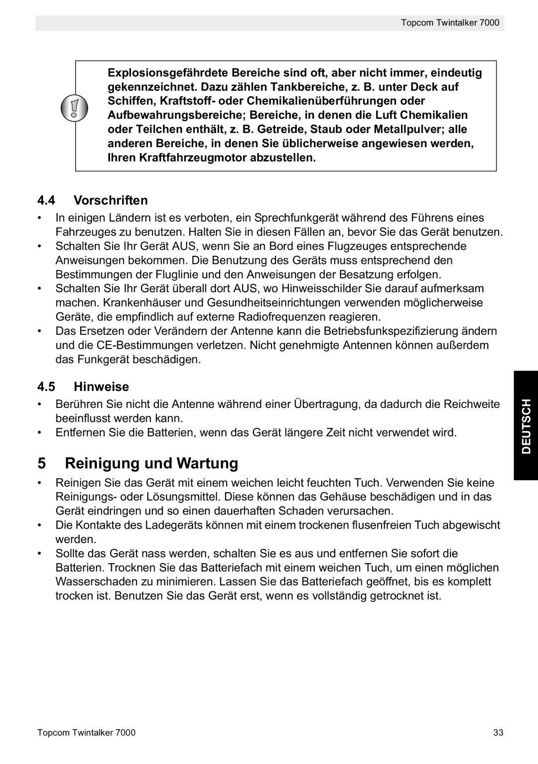 Topcom 7000 manual do utilizador Reinigung und Wartung, Vorschriften, Hinweise 