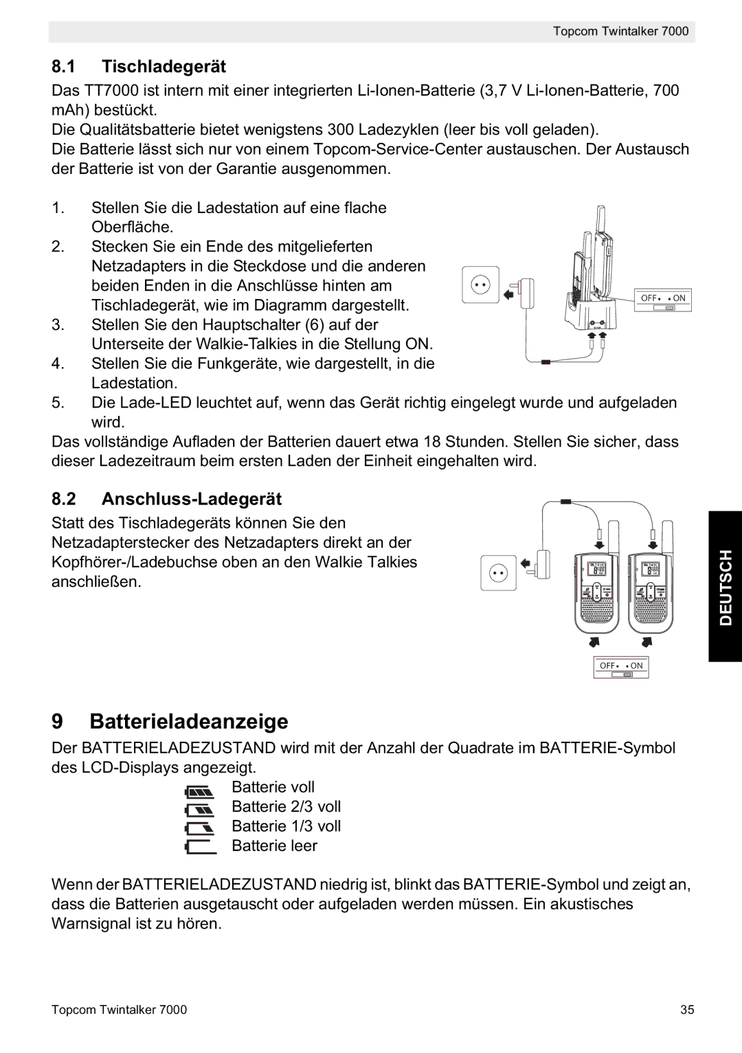 Topcom 7000 manual do utilizador Batterieladeanzeige, Tischladegerät, Anschluss-Ladegerät 