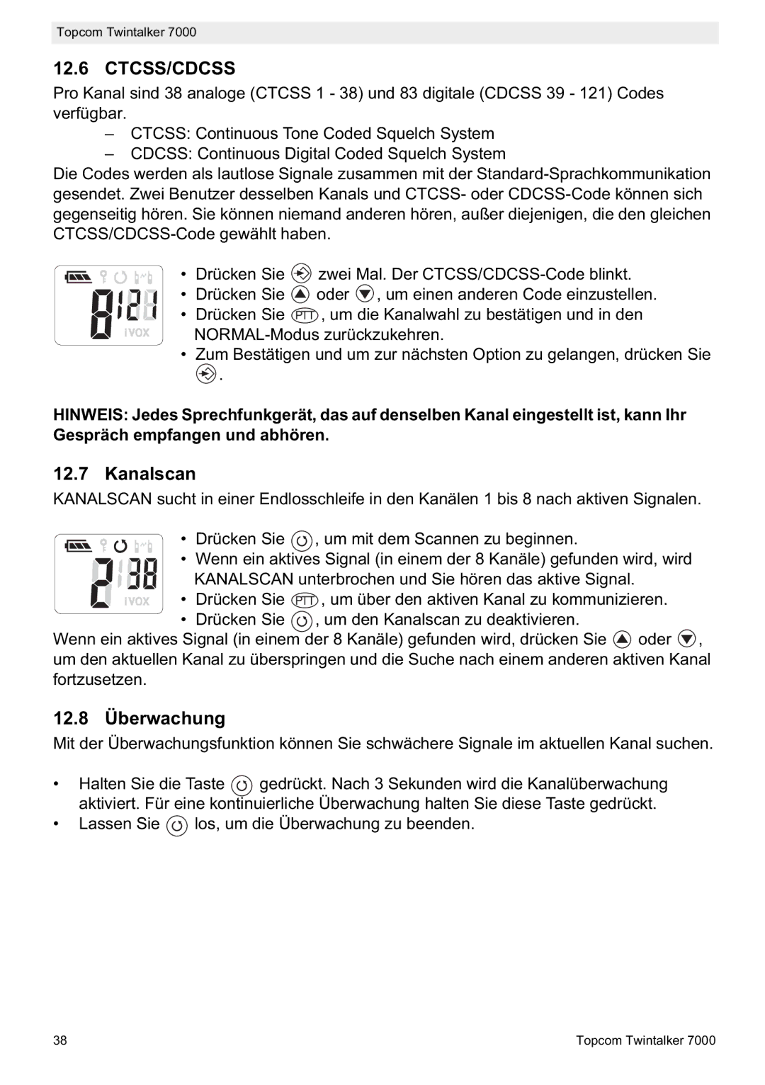 Topcom 7000 manual do utilizador Kanalscan, 12.8 Überwachung 