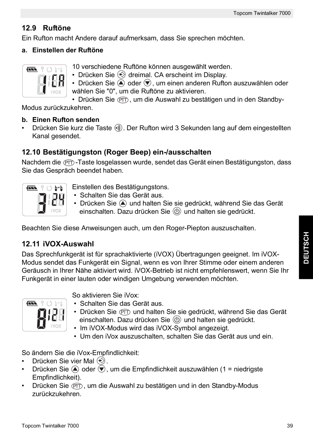 Topcom 7000 Bestätigungston Roger Beep ein-/ausschalten, IVOX-Auswahl, Einstellen der Ruftöne, Einen Rufton senden 