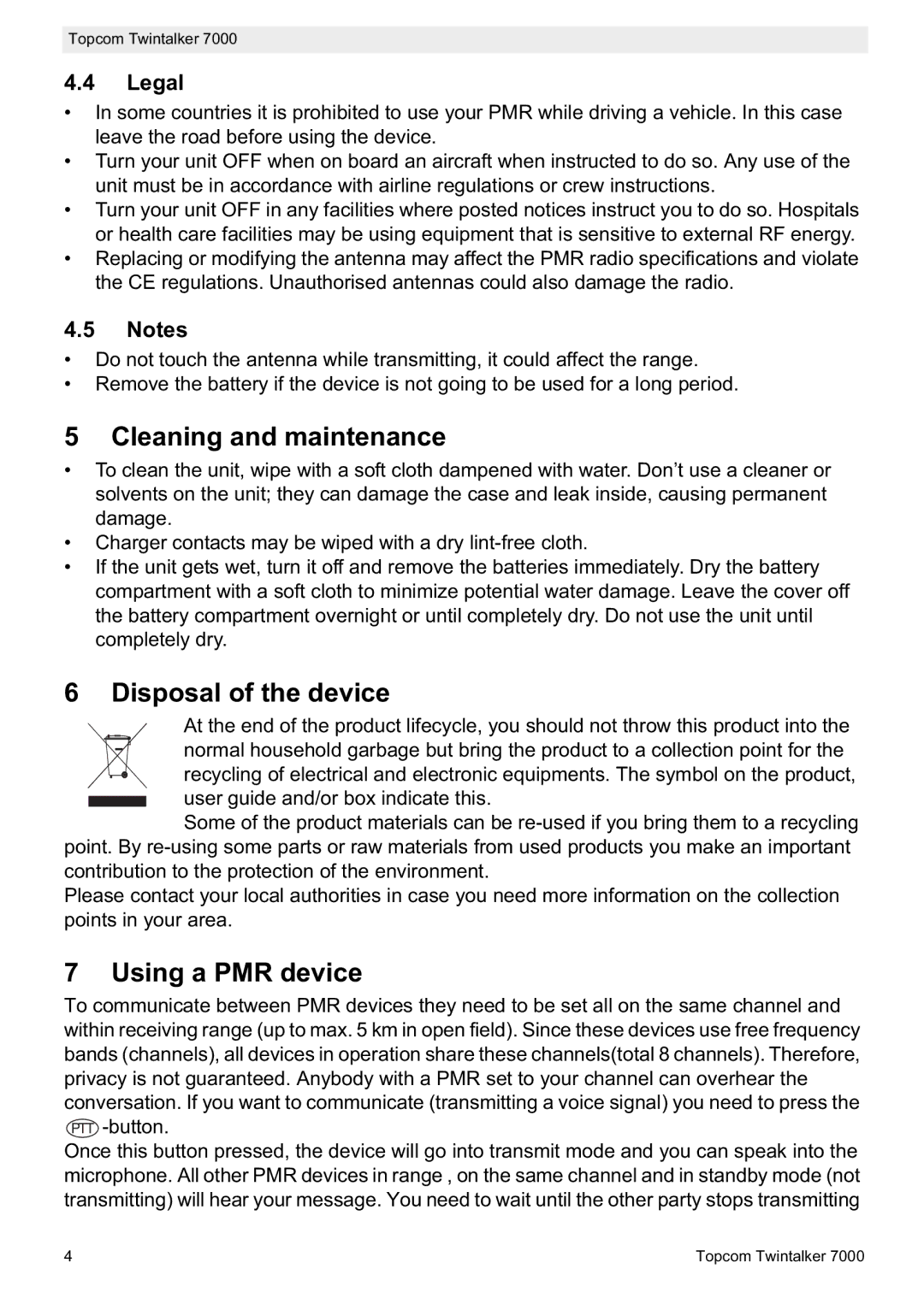 Topcom 7000 manual do utilizador Cleaning and maintenance, Disposal of the device, Using a PMR device, Legal 