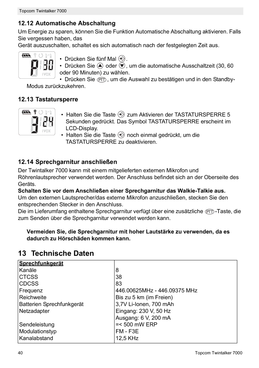 Topcom 7000 Technische Daten, Automatische Abschaltung, Tastatursperre, Sprechgarnitur anschließen, Sprechfunkgerät 