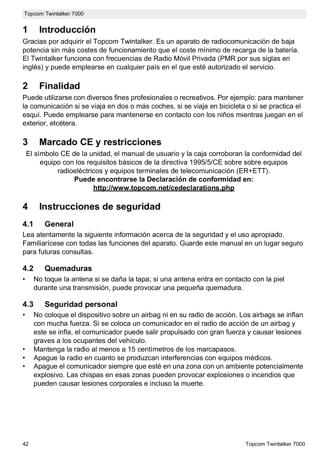 Topcom 7000 manual do utilizador Introducción, Finalidad, Marcado CE y restricciones, Instrucciones de seguridad 