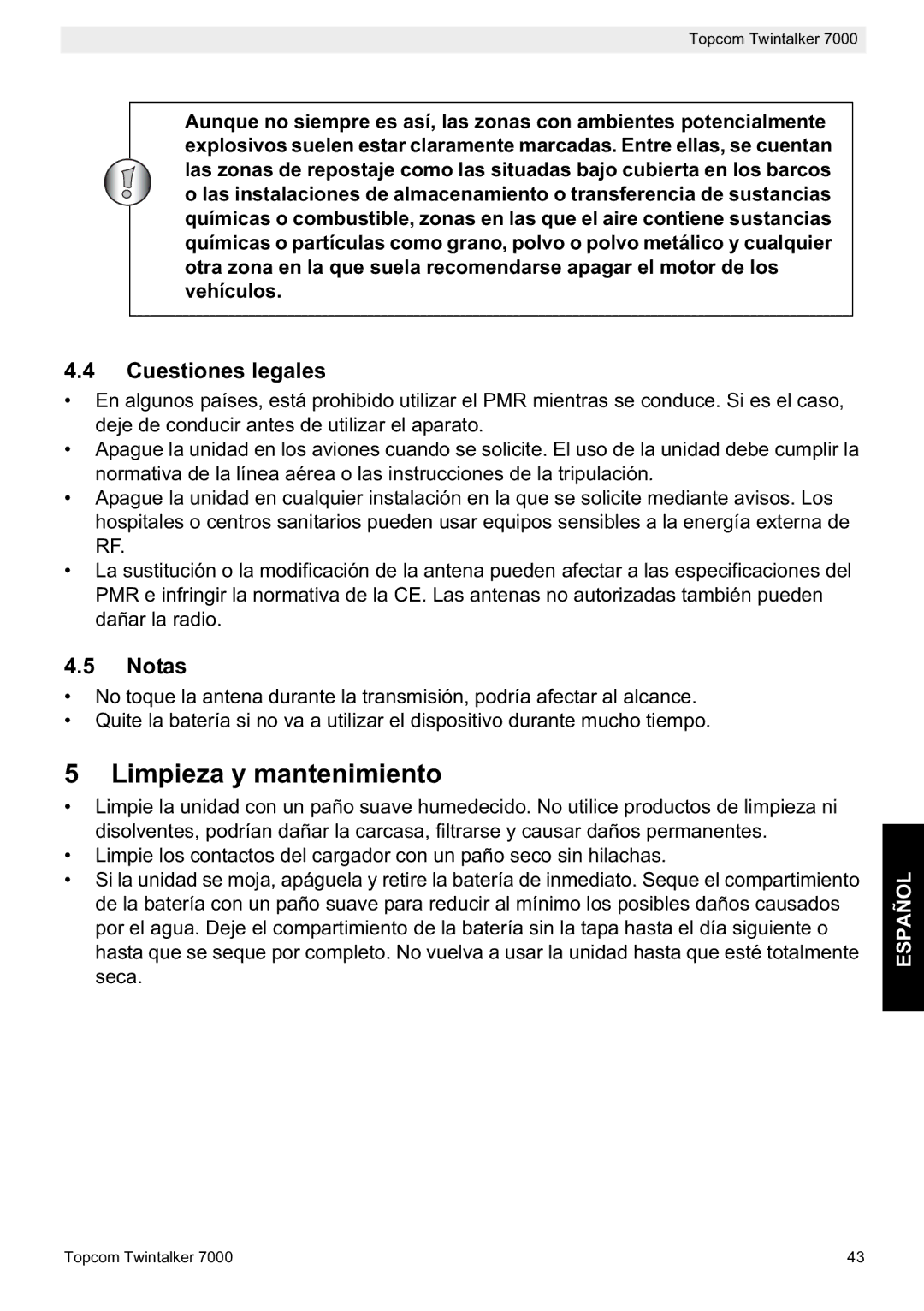 Topcom 7000 manual do utilizador Limpieza y mantenimiento, Cuestiones legales, Notas 