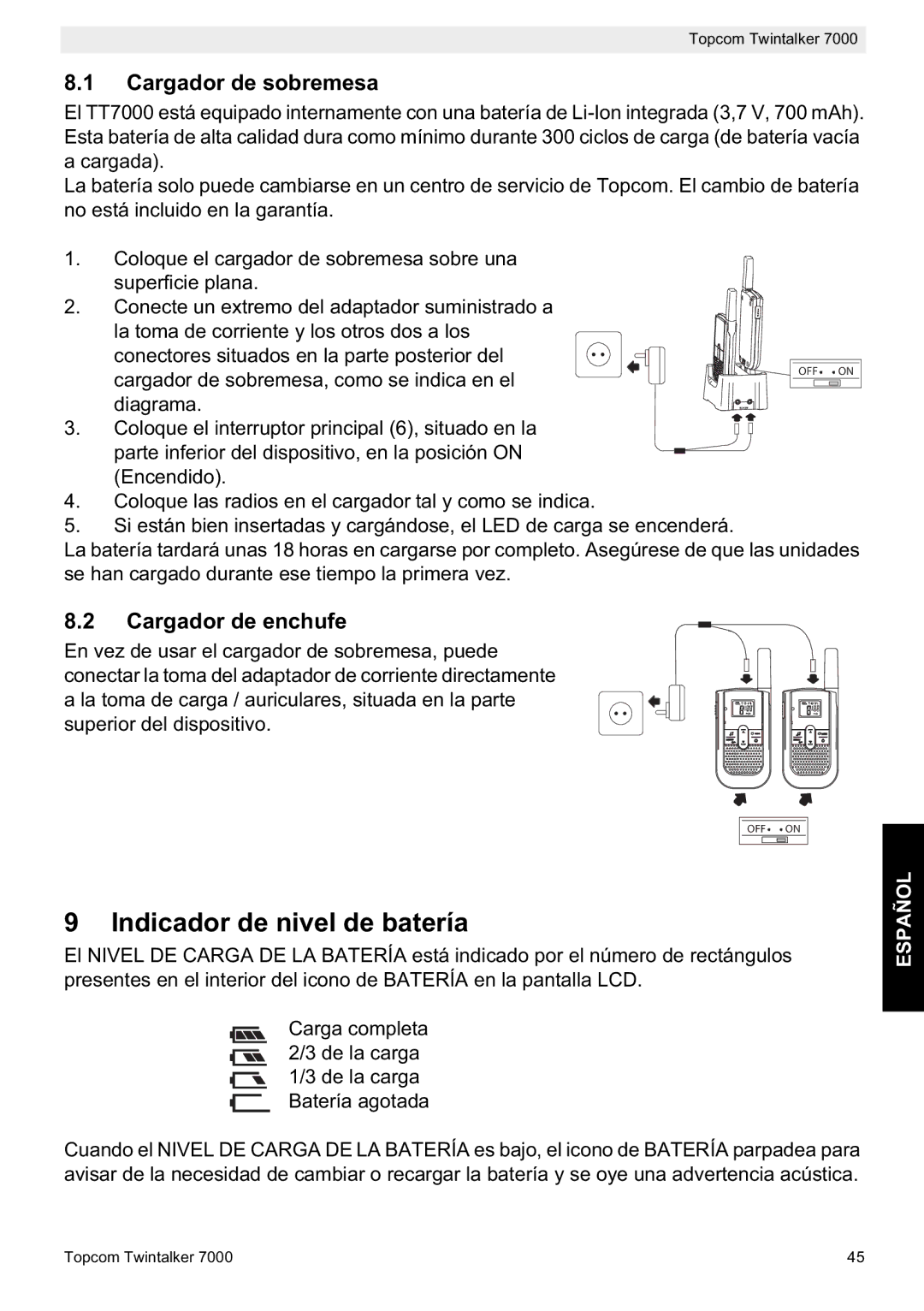 Topcom 7000 manual do utilizador Indicador de nivel de batería, Cargador de sobremesa, Cargador de enchufe 