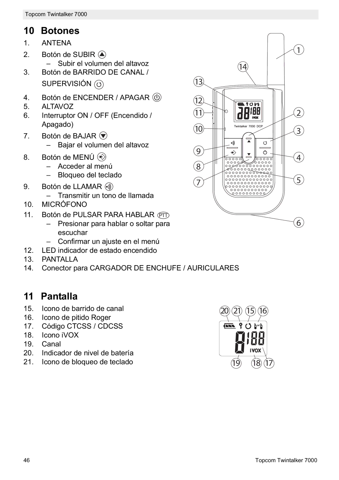 Topcom 7000 manual do utilizador Botones, Pantalla 