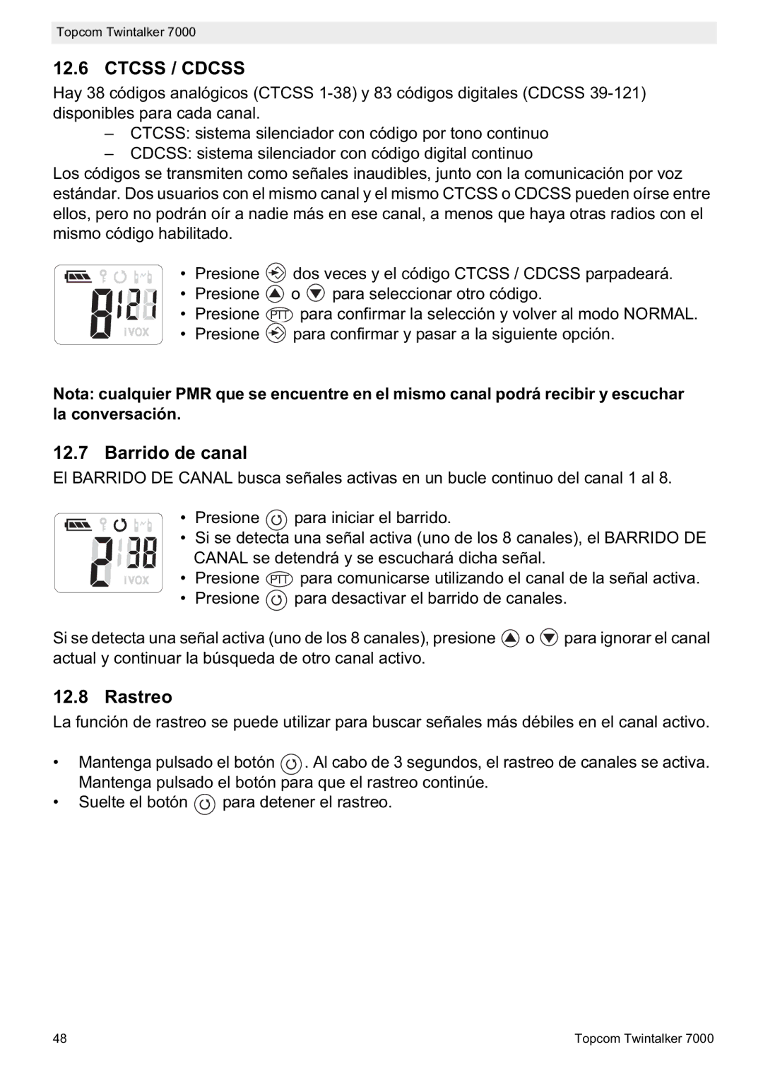 Topcom 7000 manual do utilizador Barrido de canal, Rastreo 