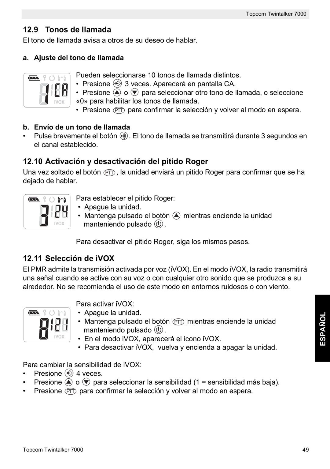 Topcom 7000 Tonos de llamada, Activación y desactivación del pitido Roger, Selección de iVOX, Ajuste del tono de llamada 