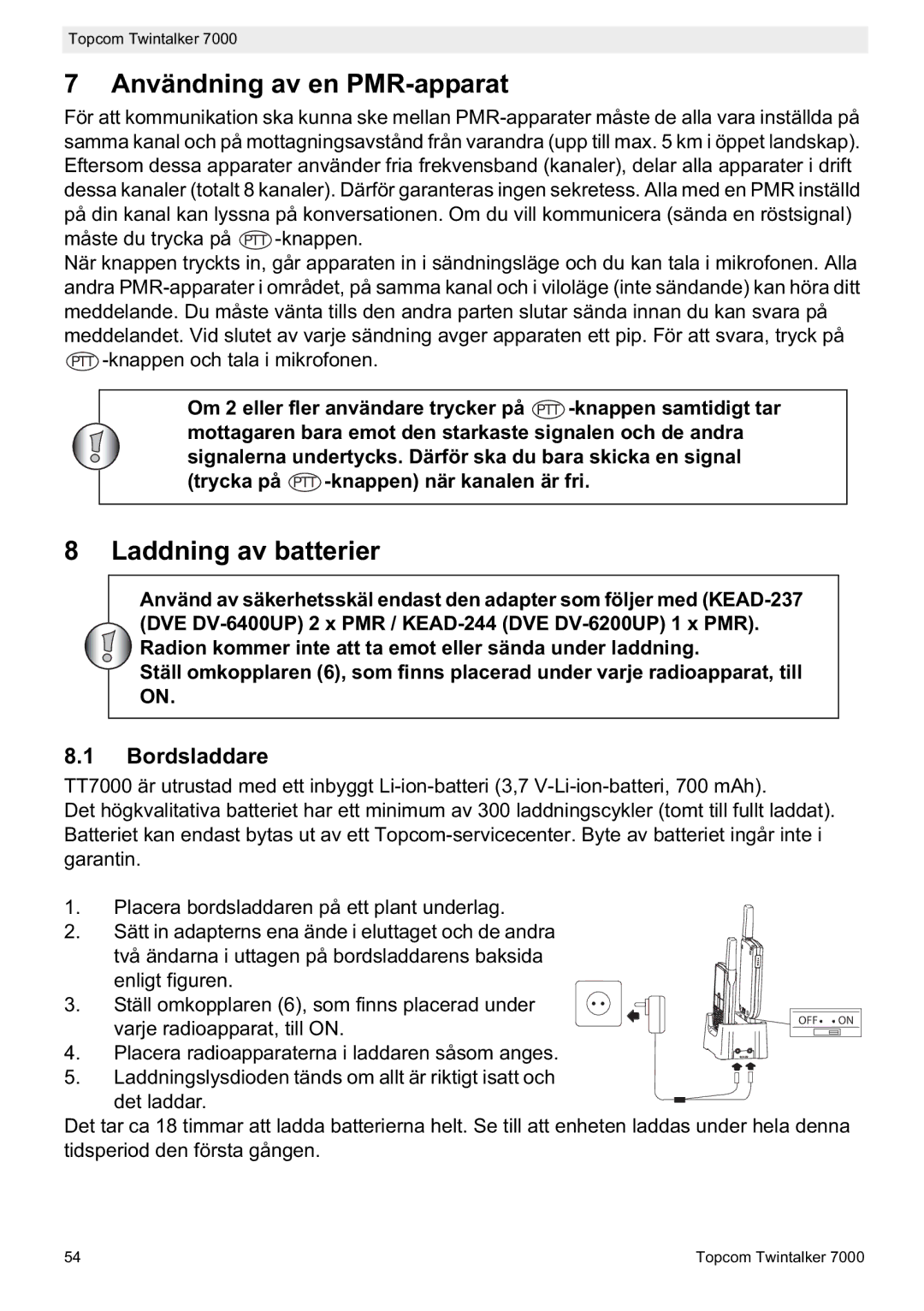 Topcom 7000 manual do utilizador Användning av en PMR-apparat, Laddning av batterier, Bordsladdare 