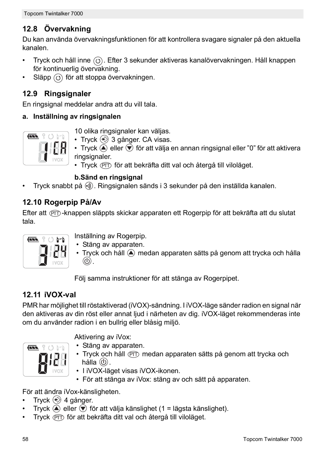 Topcom 7000 manual do utilizador 12.8 Övervakning, Ringsignaler, Rogerpip På/Av, IVOX-val 