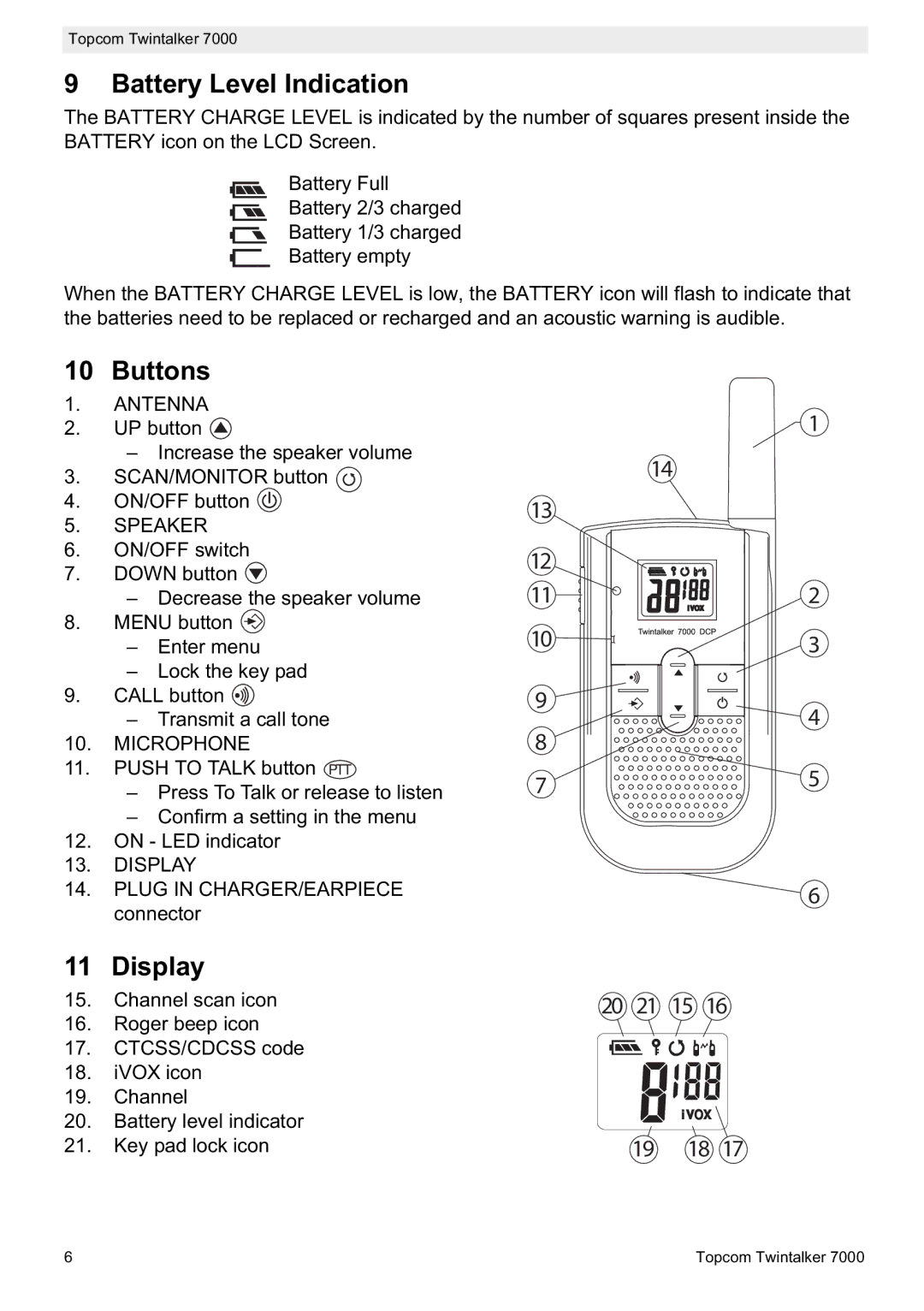 Topcom 7000 manual do utilizador Battery Level Indication, Buttons, Display 