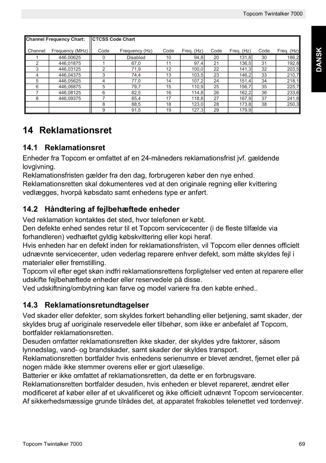 Topcom 7000 manual do utilizador 14.2 Håndtering af fejlbehæftede enheder, Reklamationsretundtagelser 