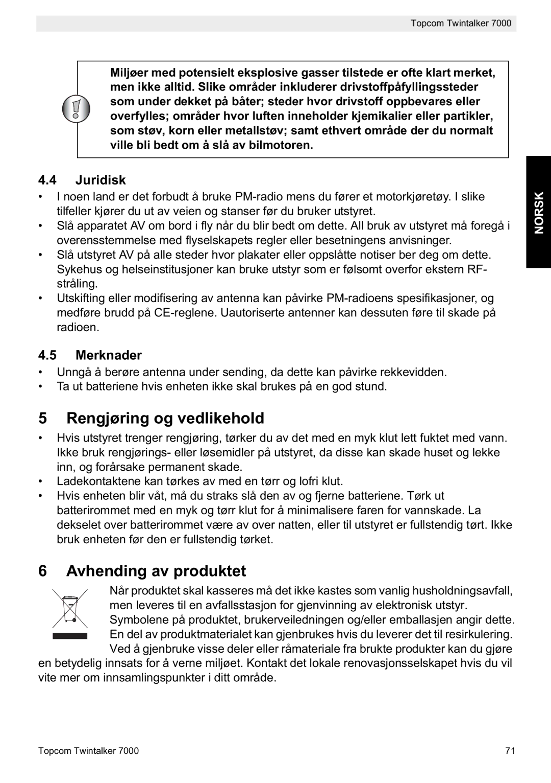 Topcom 7000 manual do utilizador Rengjøring og vedlikehold, Avhending av produktet, Merknader 