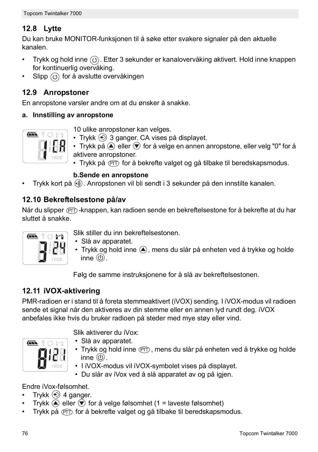 Topcom 7000 manual do utilizador Lytte, Anropstoner, Bekreftelsestone på/av, IVOX-aktivering 