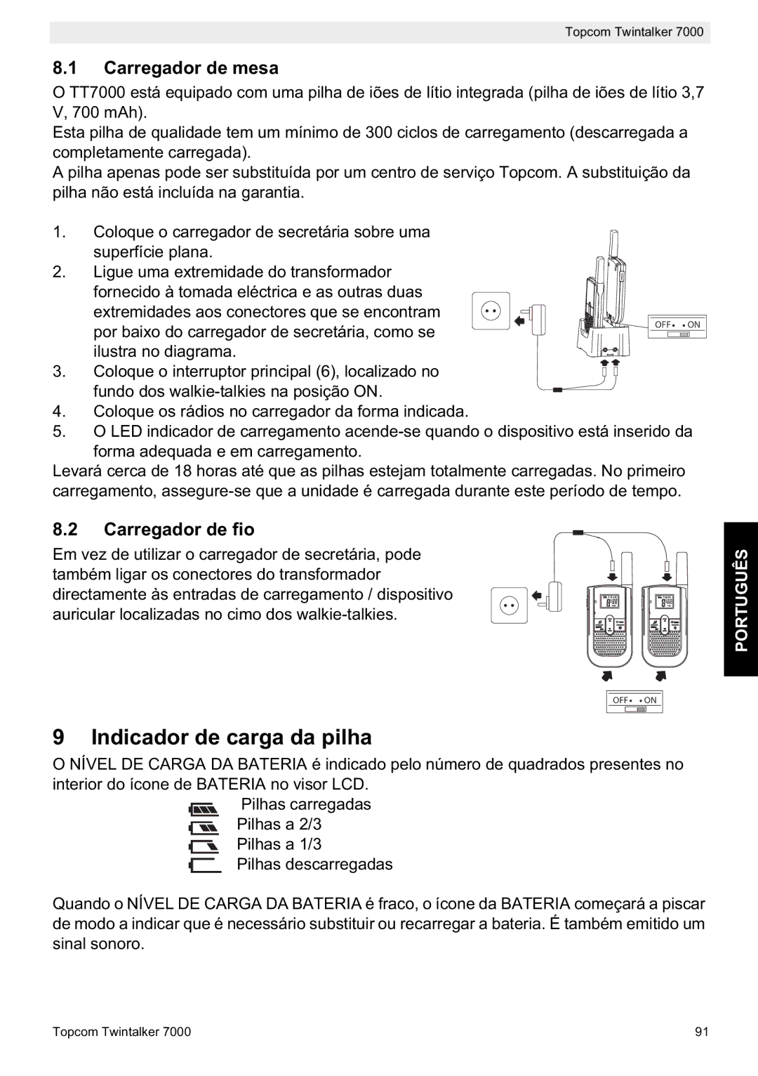 Topcom 7000 manual do utilizador Indicador de carga da pilha, Carregador de mesa, Carregador de fio 