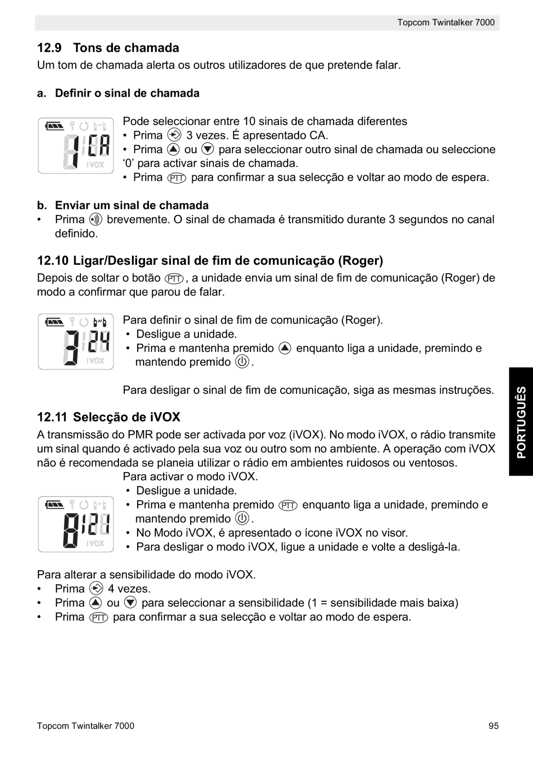 Topcom 7000 manual do utilizador Tons de chamada, Ligar/Desligar sinal de fim de comunicação Roger, Selecção de iVOX 