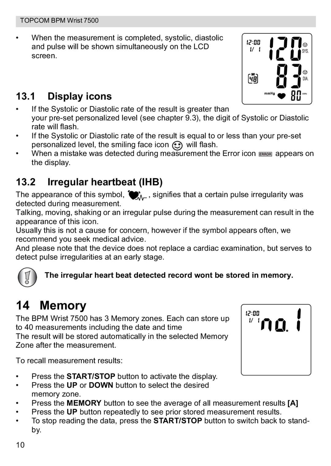 Topcom 7500 manual Memory, Display icons, Irregular heartbeat IHB 