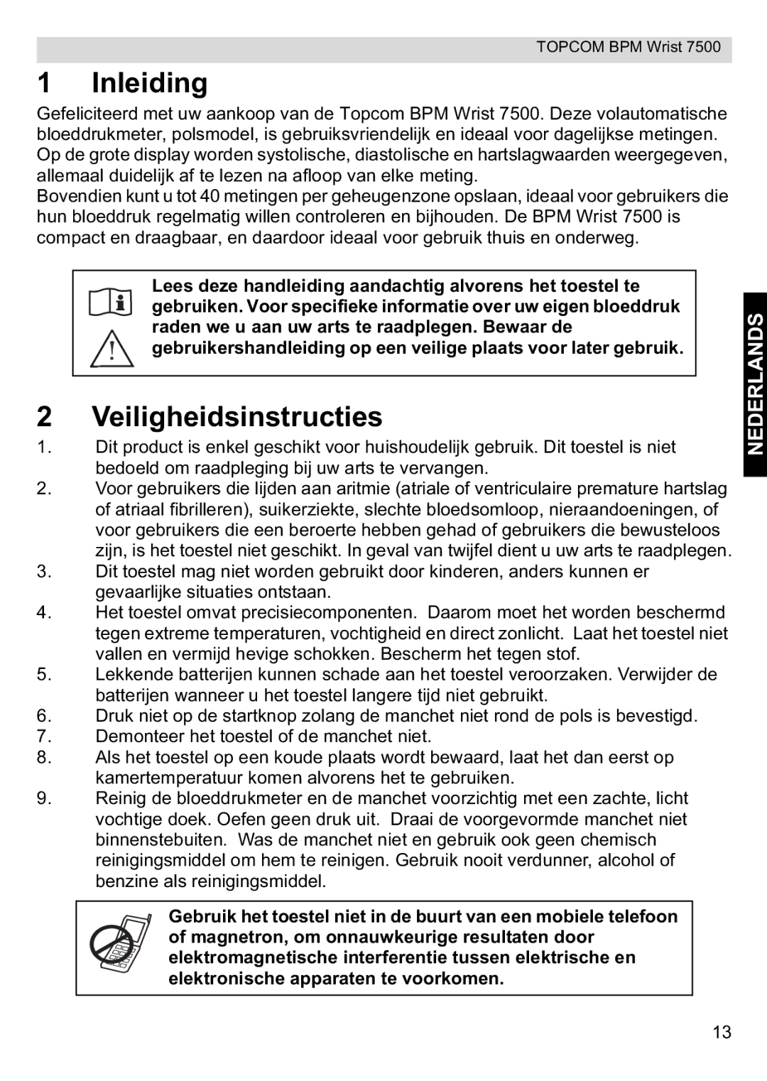 Topcom 7500 manual Inleiding, Veiligheidsinstructies 